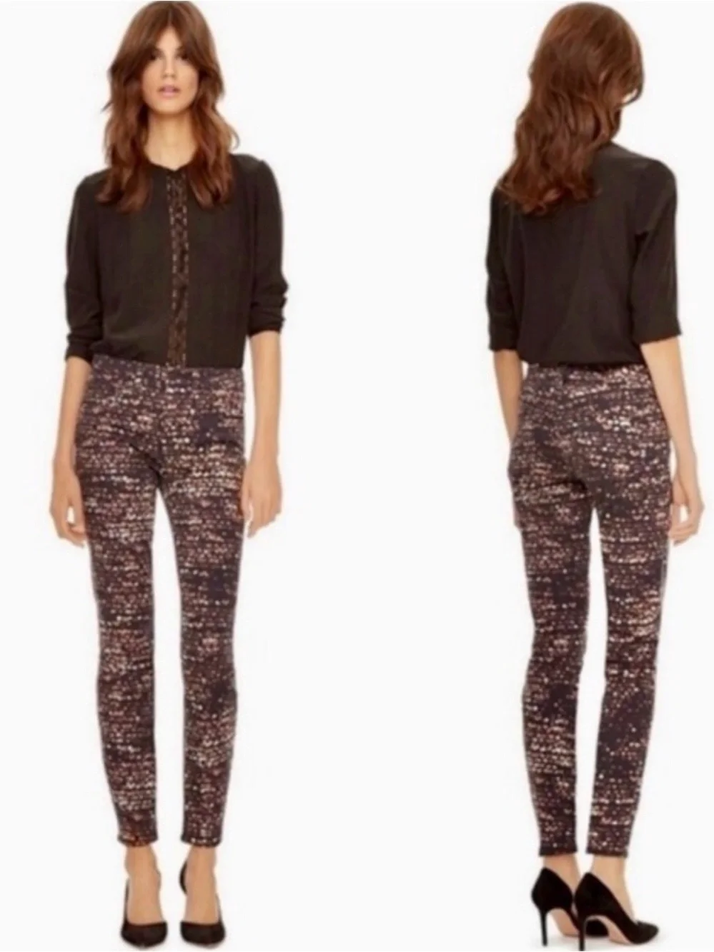Tory Burch Night City Light Printed Skinny Jeans Black Gold Blurred Bokeh Dot 30